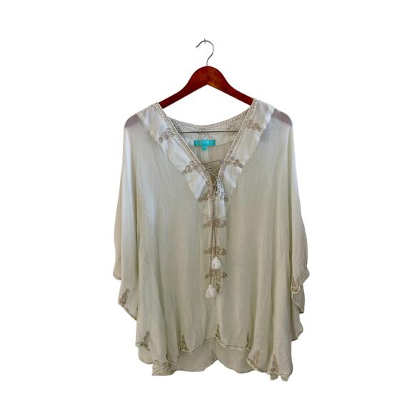 Melissa Odabash Mint Ivory Tunic Kaftan Cover up Sparkle Embroidery 100% Cotton - Picture 2 of 16